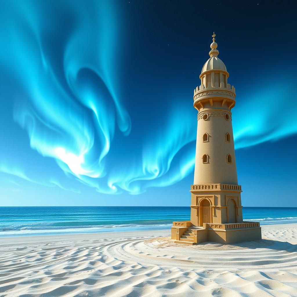 Lighthouse of Alexandria Sandcastle Under Aurora Sky