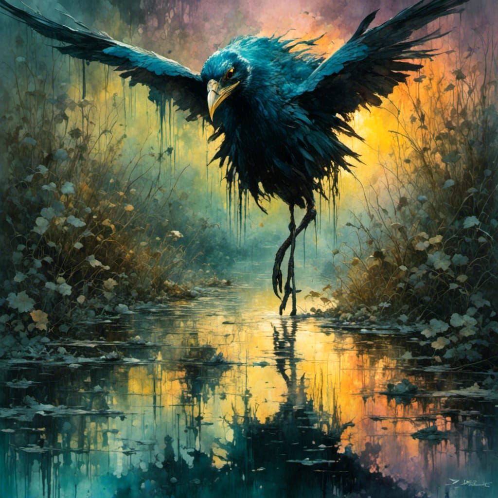 Swamp Bird Sunset in Watercolor Splash Art Style