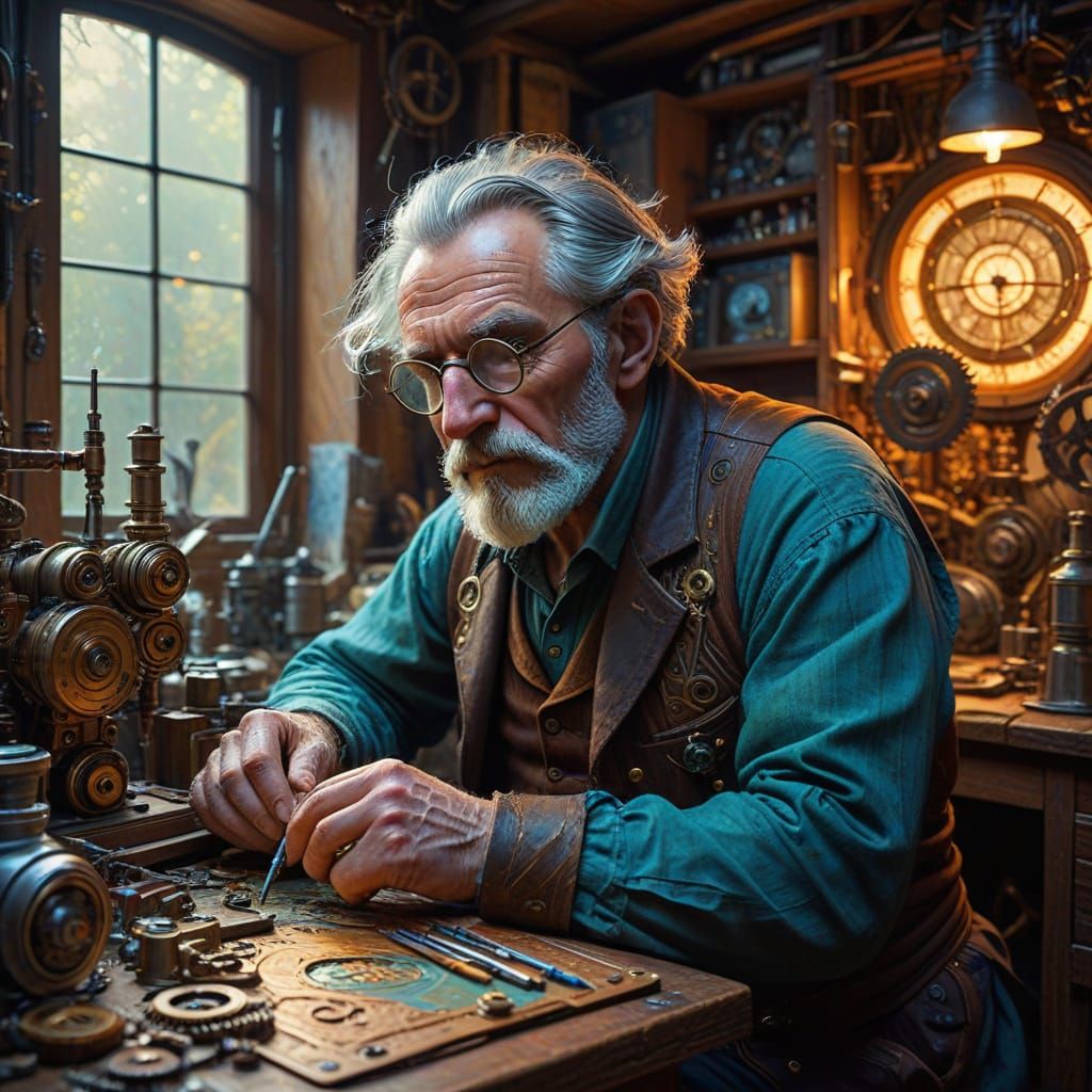 Steampunk Inventor's Clockwork Workshop: Neo-Impressionist S...