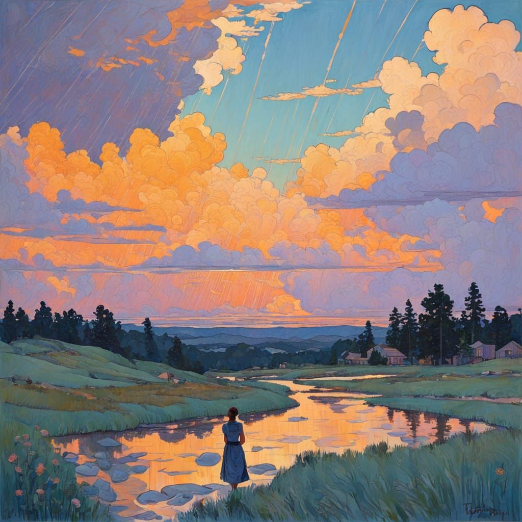 Summer Rain Shower: Colorful Impressionistic Illustration