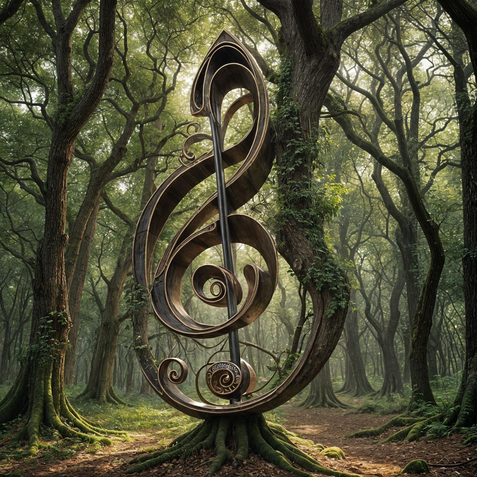 Treble Clef Sculpture in Forest Clearing