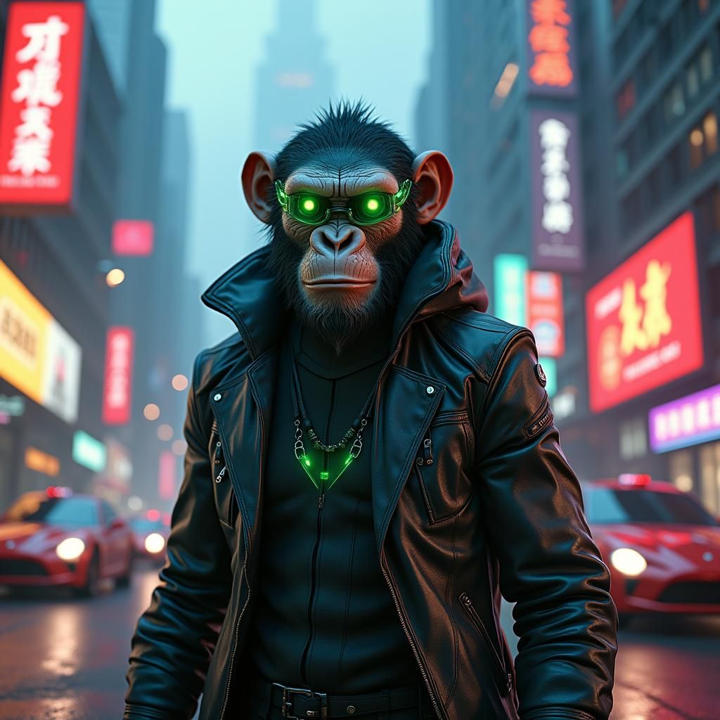 Cyberpunk Ape in Futuristic Cityscape