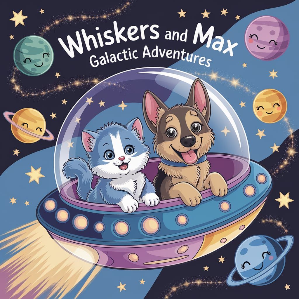 Whimsical Kitten and Dog Explore Magical Spacecraft