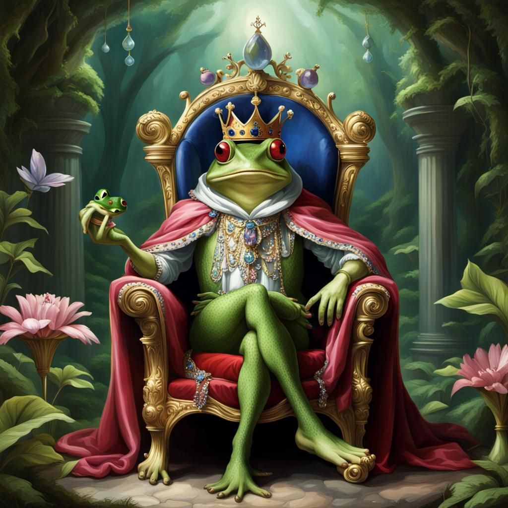 Fairy Tale King Kisses Frog on Jeweled Throne