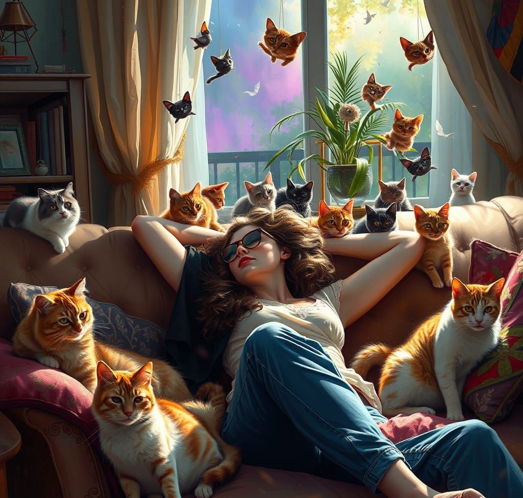 Woman Relaxing Amidst a Feline Paradise in Vivid, Hyperreali...