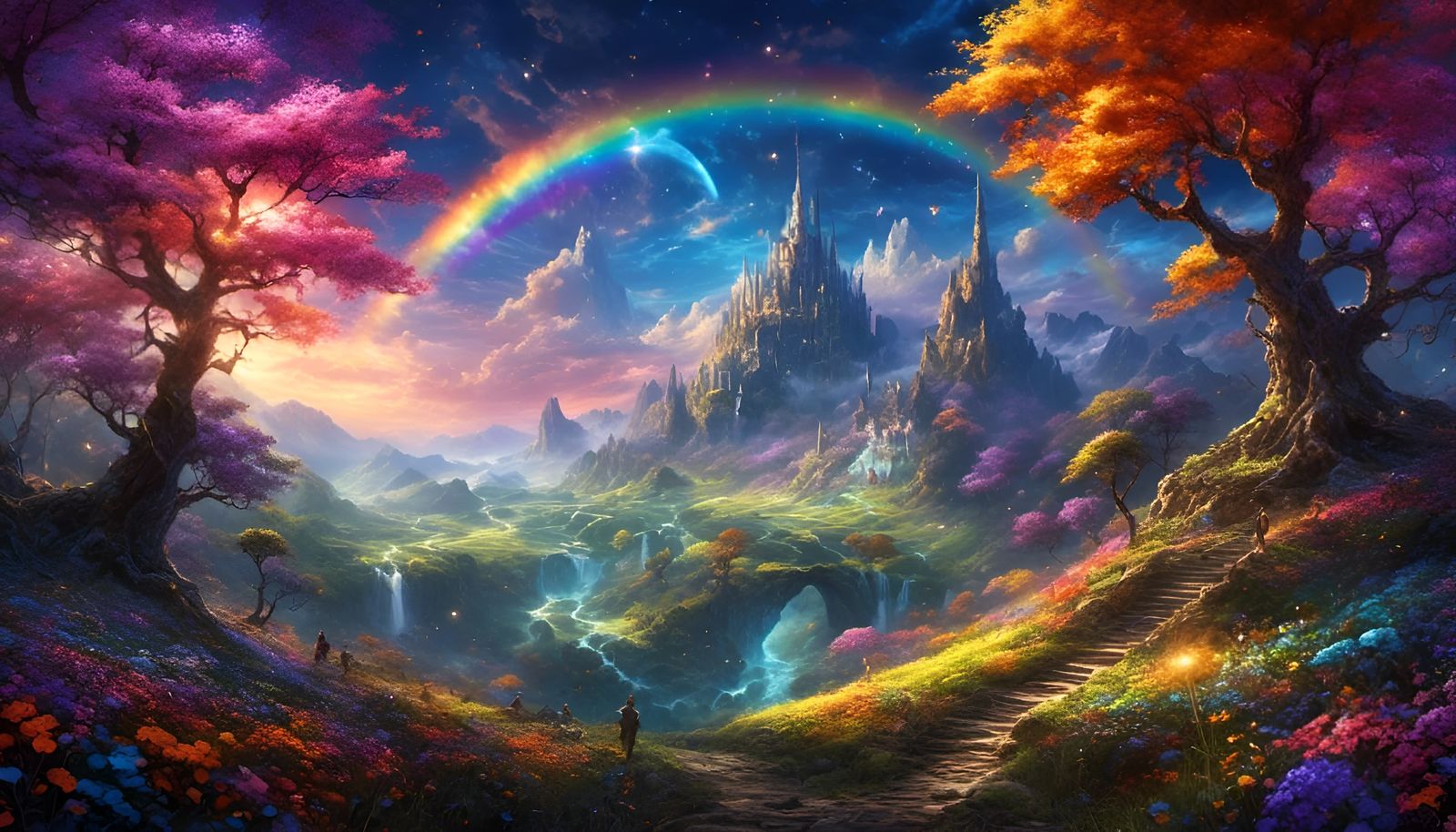Radiant Rainbow over Fantastical Meadow Landscape