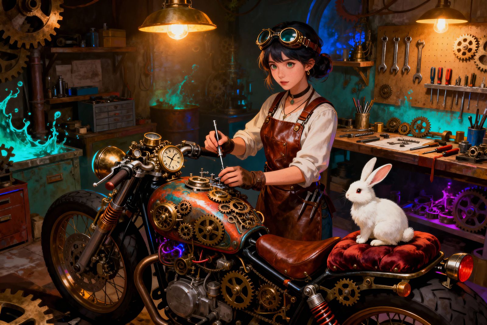 Steampunk Tinkerer and Bunny with Clockwork Motorbike