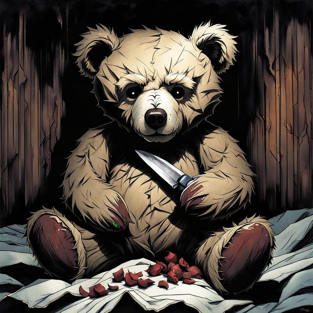 Anguished Teddy Bear in Dark Bedroom
