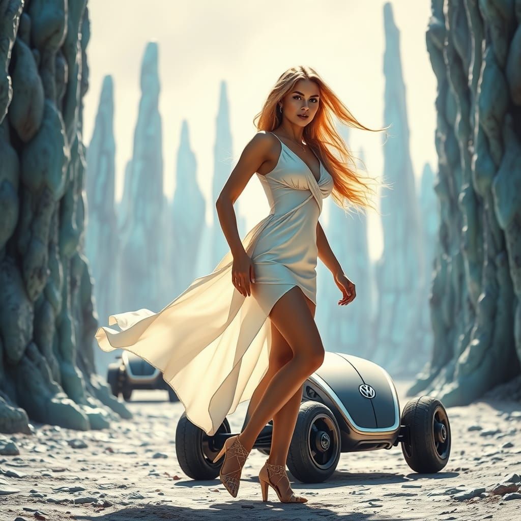 Blonde Woman Pursued by Robot in Alien Landscape