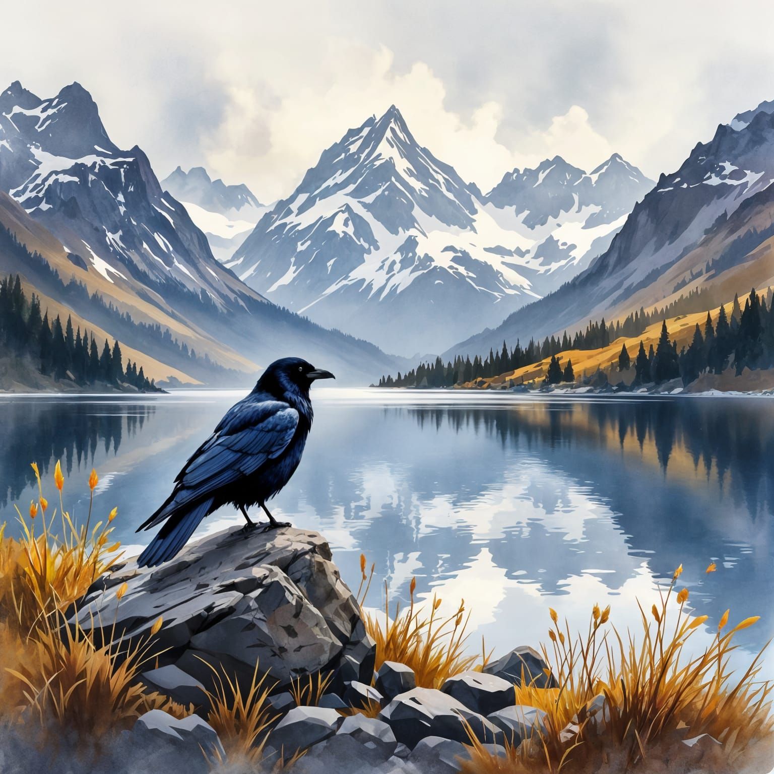 Crow on Rocky Outcrop Beside Alpine Lake