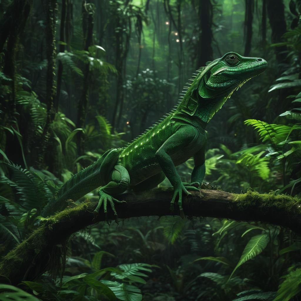 Futuristic Green Lizard in Rainforest: Minimalist Monochroma...