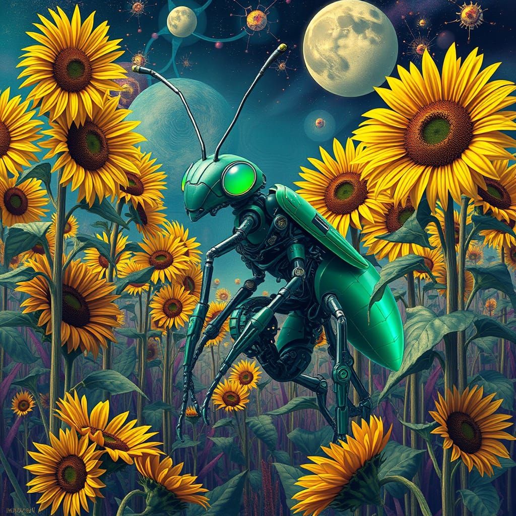Green Robotic Ant in Sunflower Field, Futuristic Art