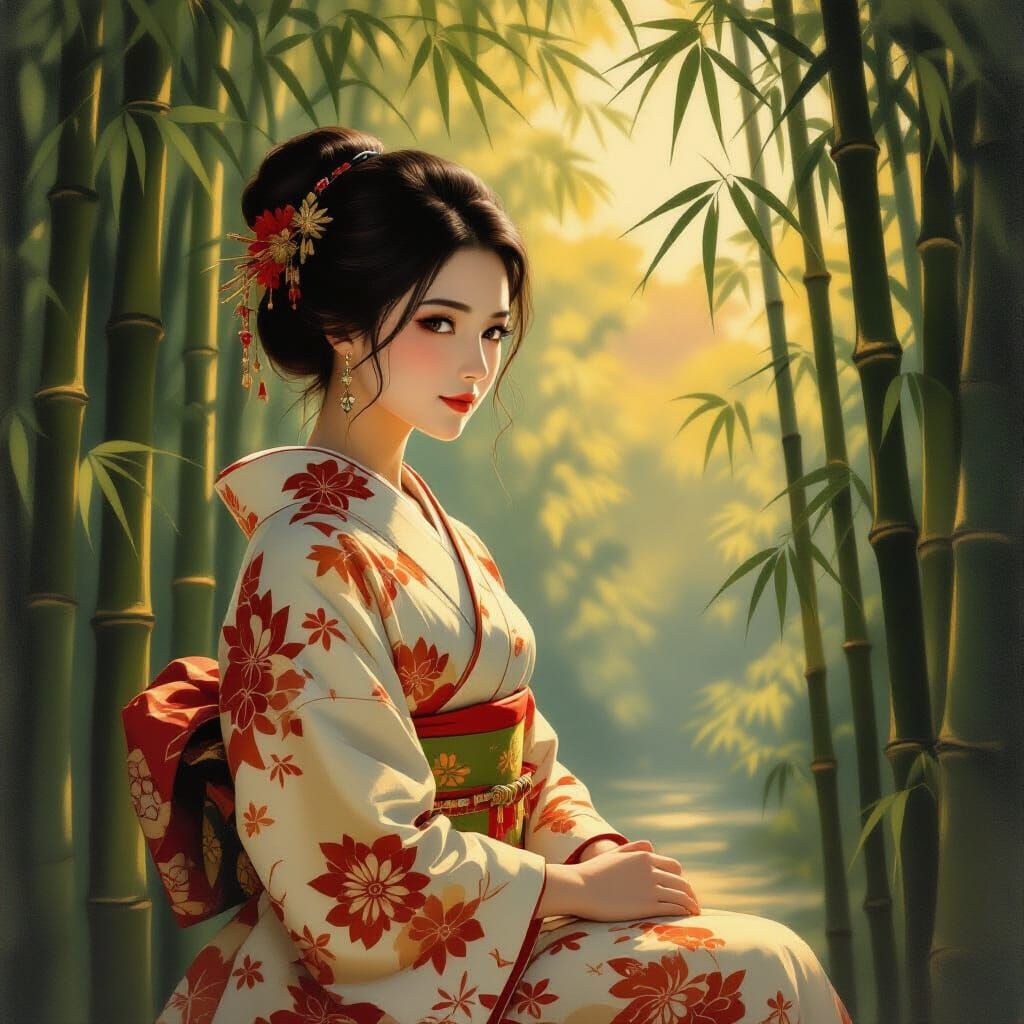 Kimono Woman in Bamboo Grove, Yamato-e Style
