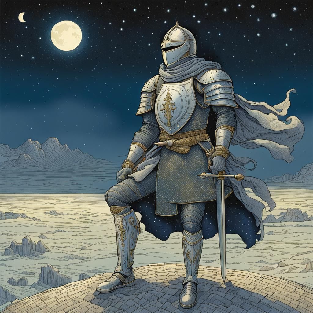 Night Sky Knight Illustration in Moebius Style
