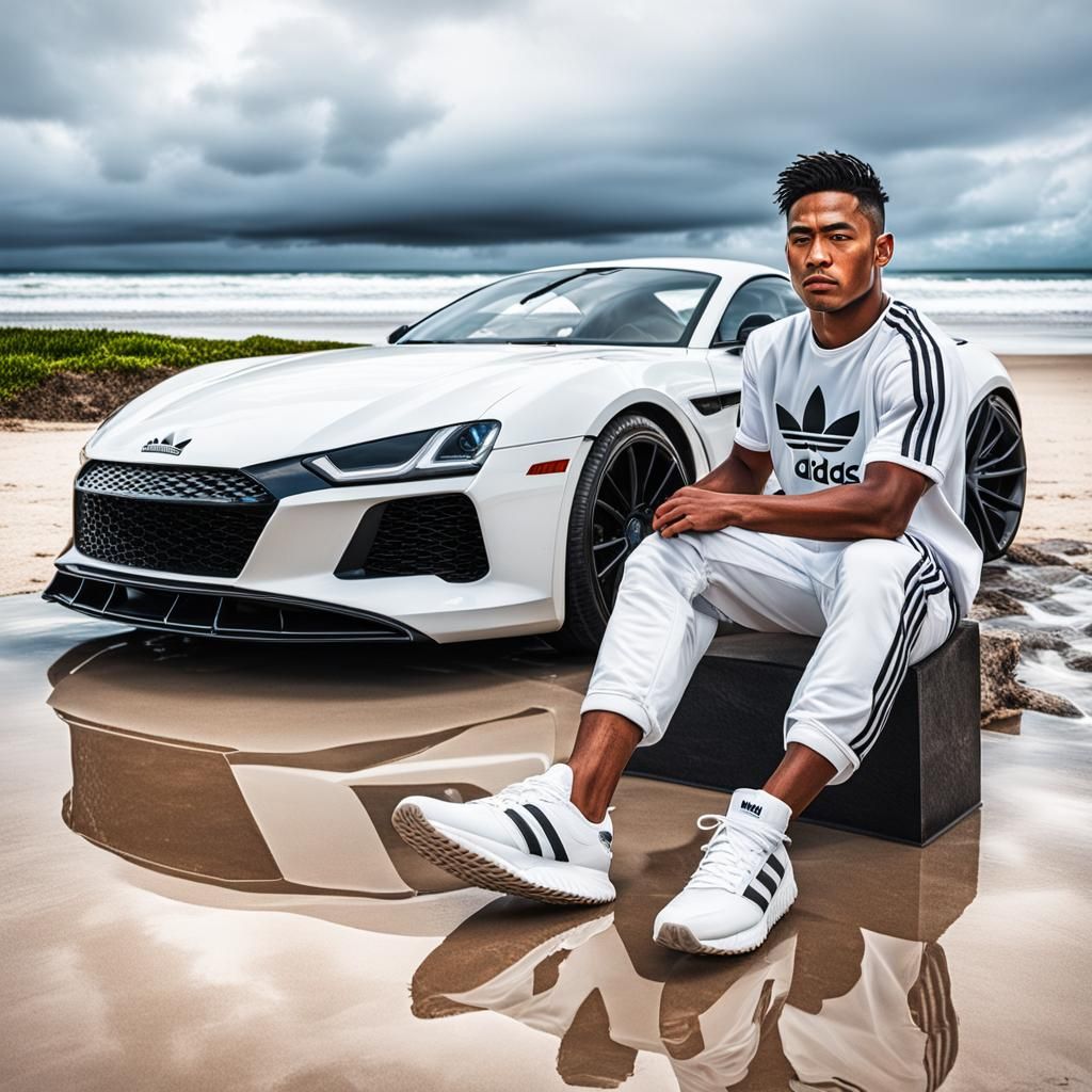 Samoan Boy with Sports Car on Beach: Hyperrealistic