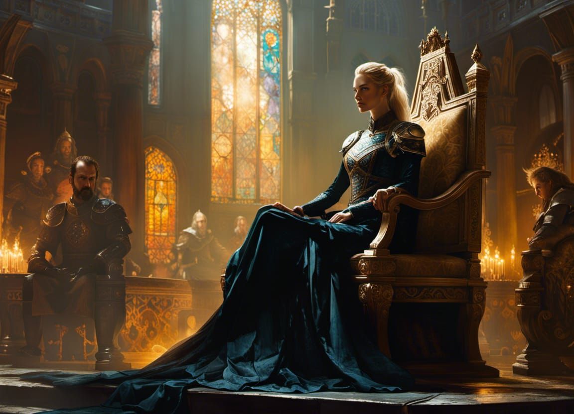 Female Warlord on Throne in Medieval Fantasy Style