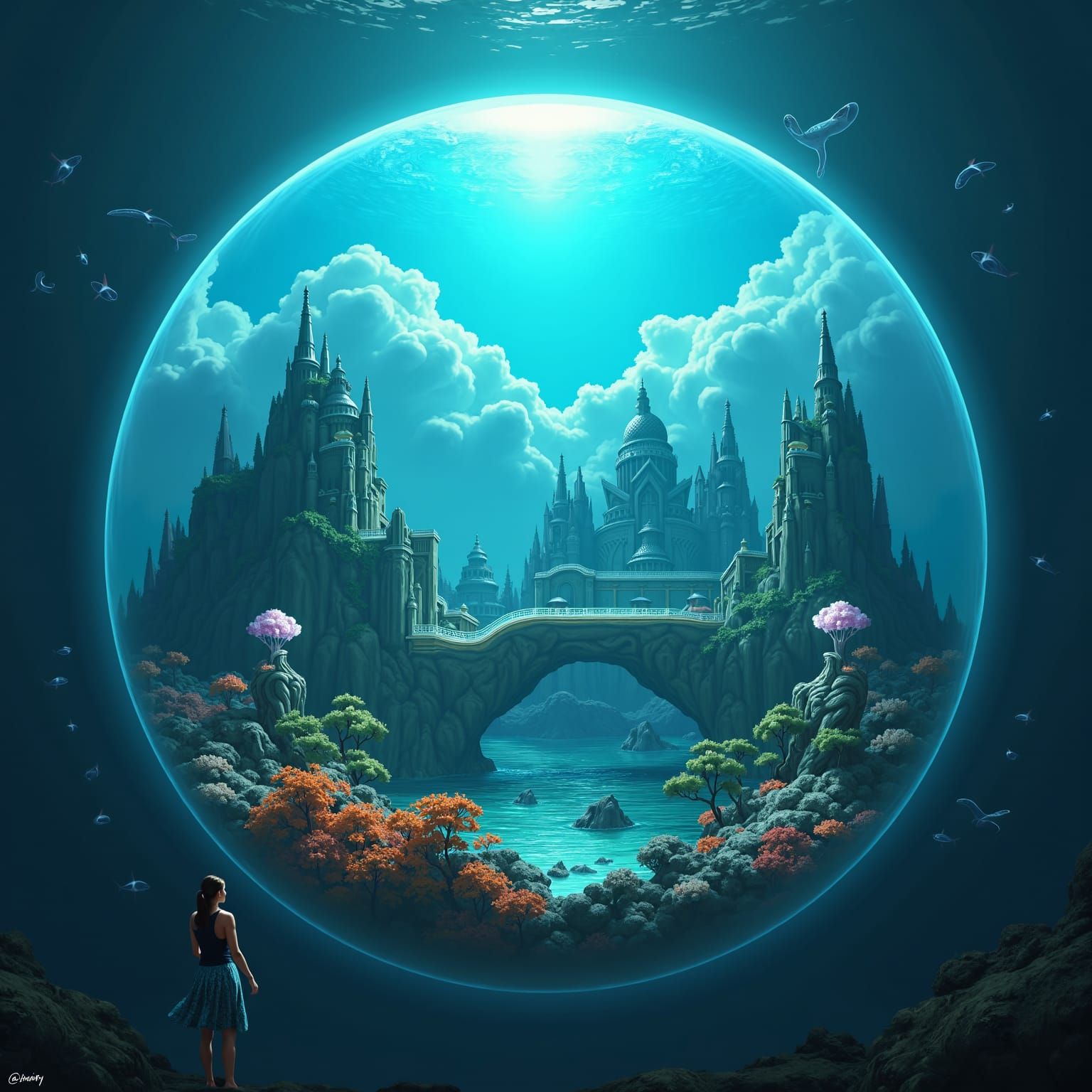 Woman Gazing at Orb with Tiny World Inside