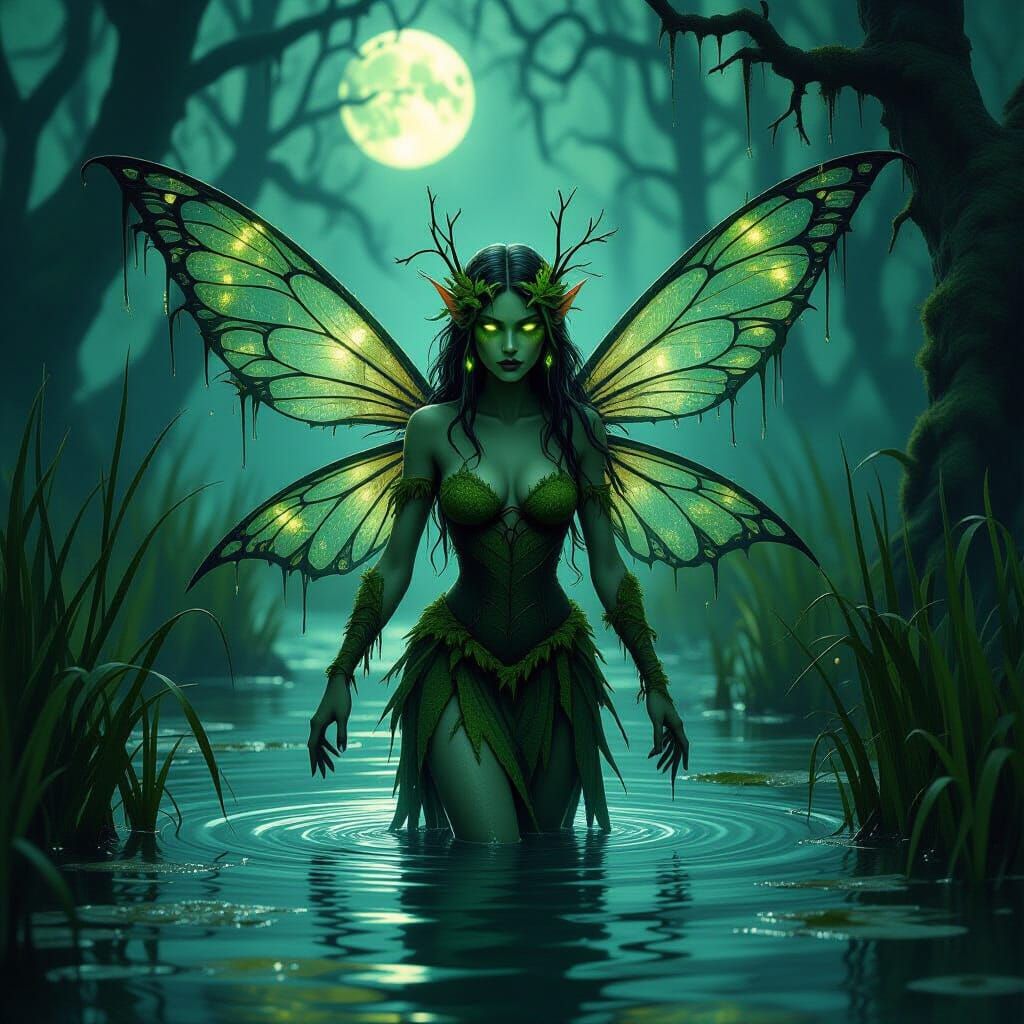 Eerie Swamp Fairy Emerging from Moonlit Bog