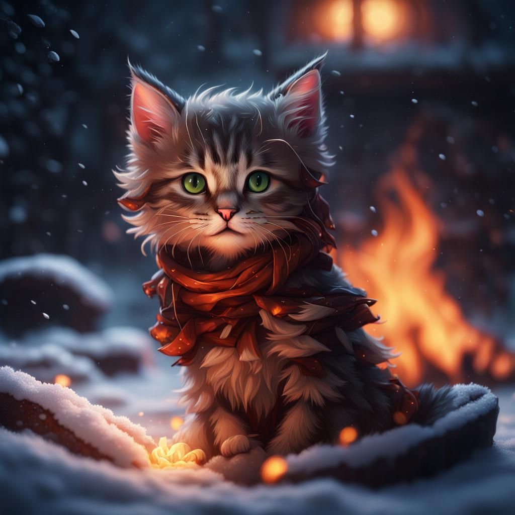 Kitten's Cozy Fireside Escape on Snowy Night
