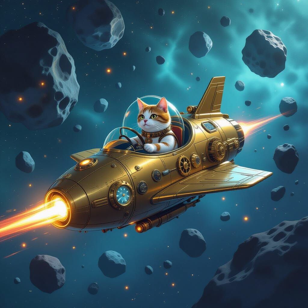 Astronaut Cat Navigating Asteroid Field in Steampunk Spacesh...
