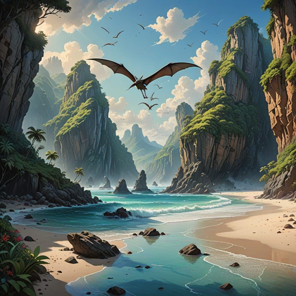Prehistoric Coastline with Flying Pterodactyls in Cinematic ...