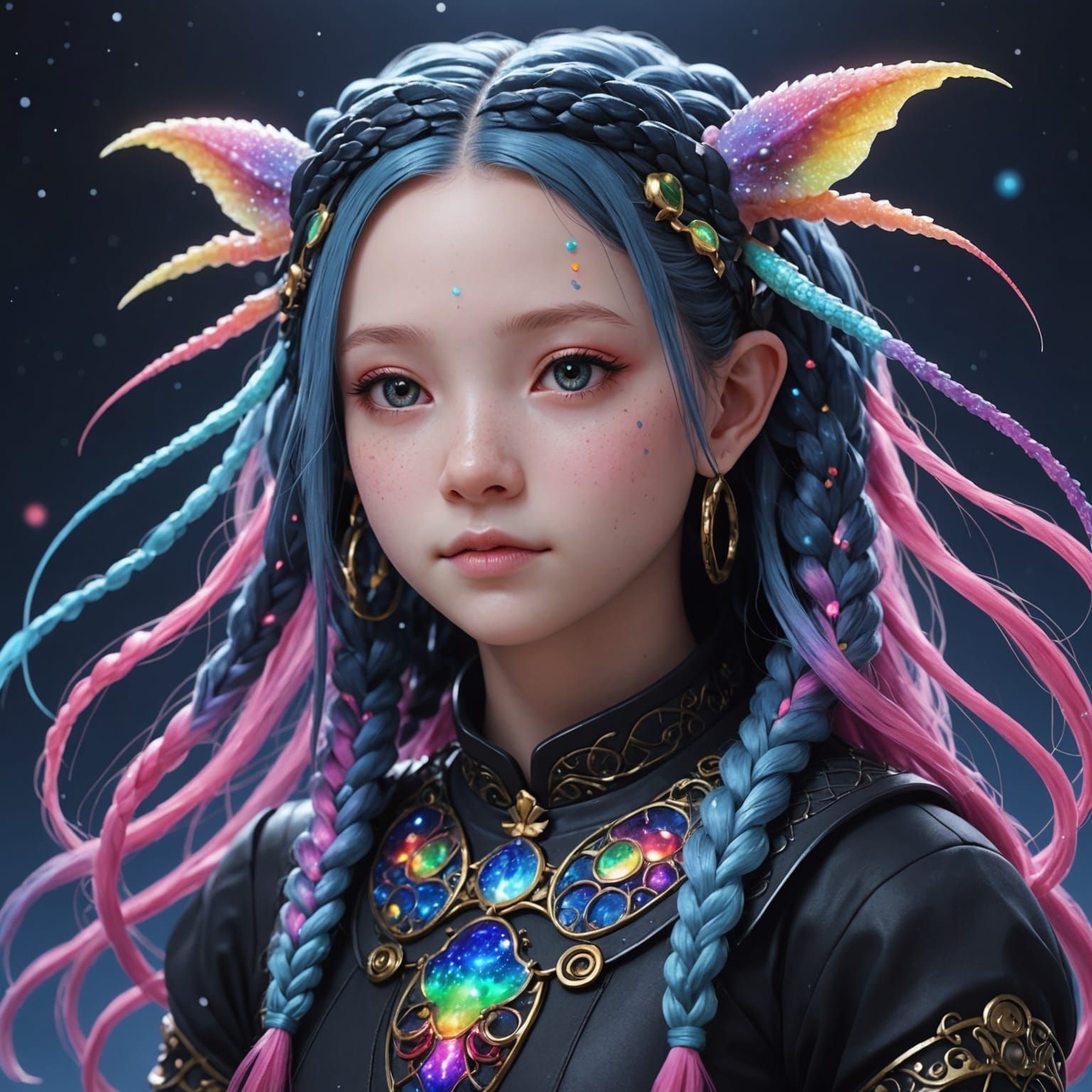 Rainbow Axolotl Girl: 3D Anime Space Art