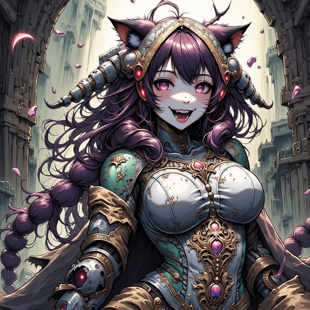 80s Anime Girl Warrior Bio-Mecha in Eldritch Horror Scene