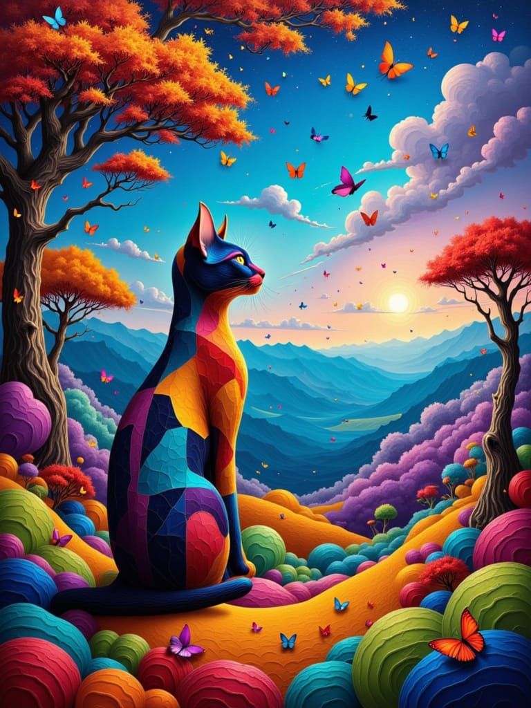 Surreal Geometric Landscape with a Sitting Cat and Butterfli...