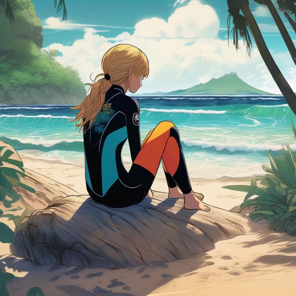 Female Surfer on Tropical Shore in Anime Style