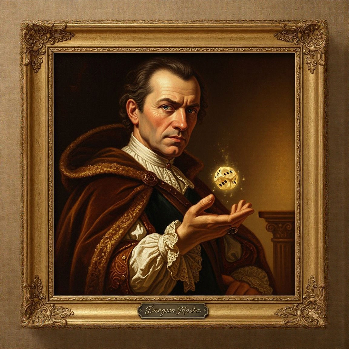 Oil Painting of a Dungeon Master Holding a Floating Dice