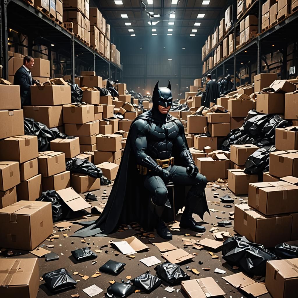Bat Superhero Kneeling in Chaotic Warehouse