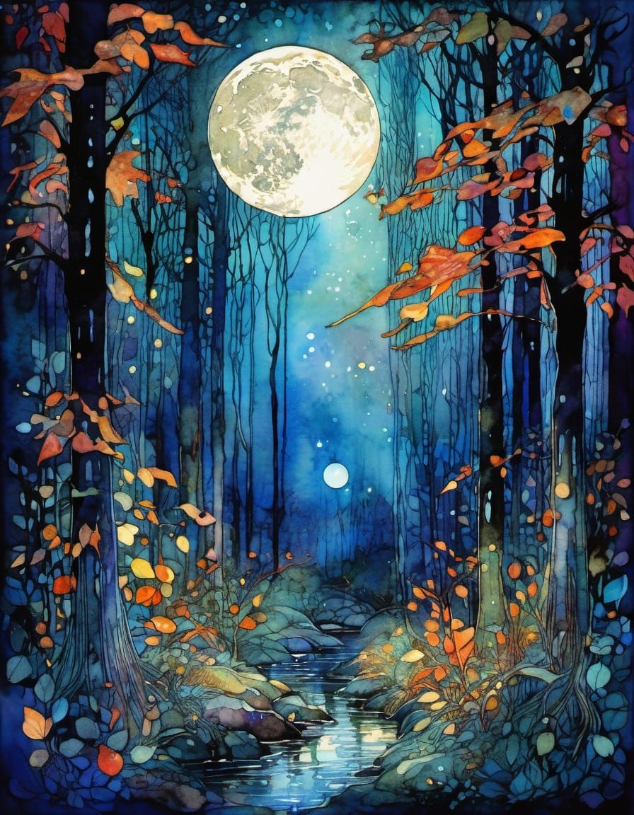 Moonlit Autumn Forest in Watercolour Style