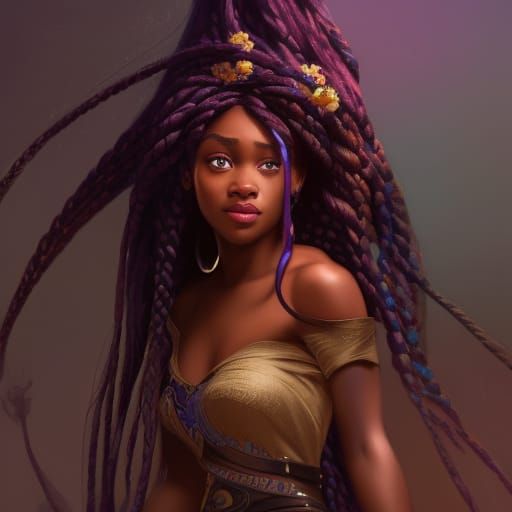 African Rapunzel with Braided Hair in Art Nouveau Style