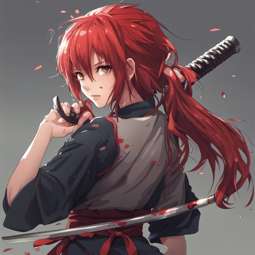 Red-Haired Girl with Katana in Anime Style