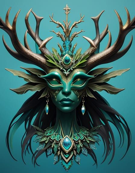 Avant Garde Amphibian Alien Face with Opal Antler Crown