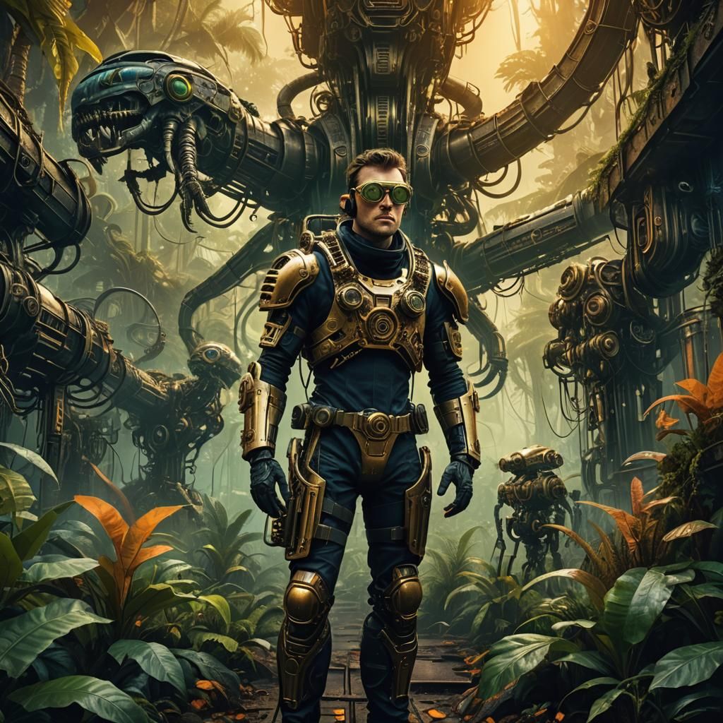 Brass Jungle Adventurer in Dystopian Sci-Fi Style