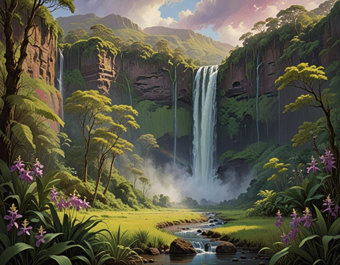 Surreal Waterfall Scene in Tropical Paradise