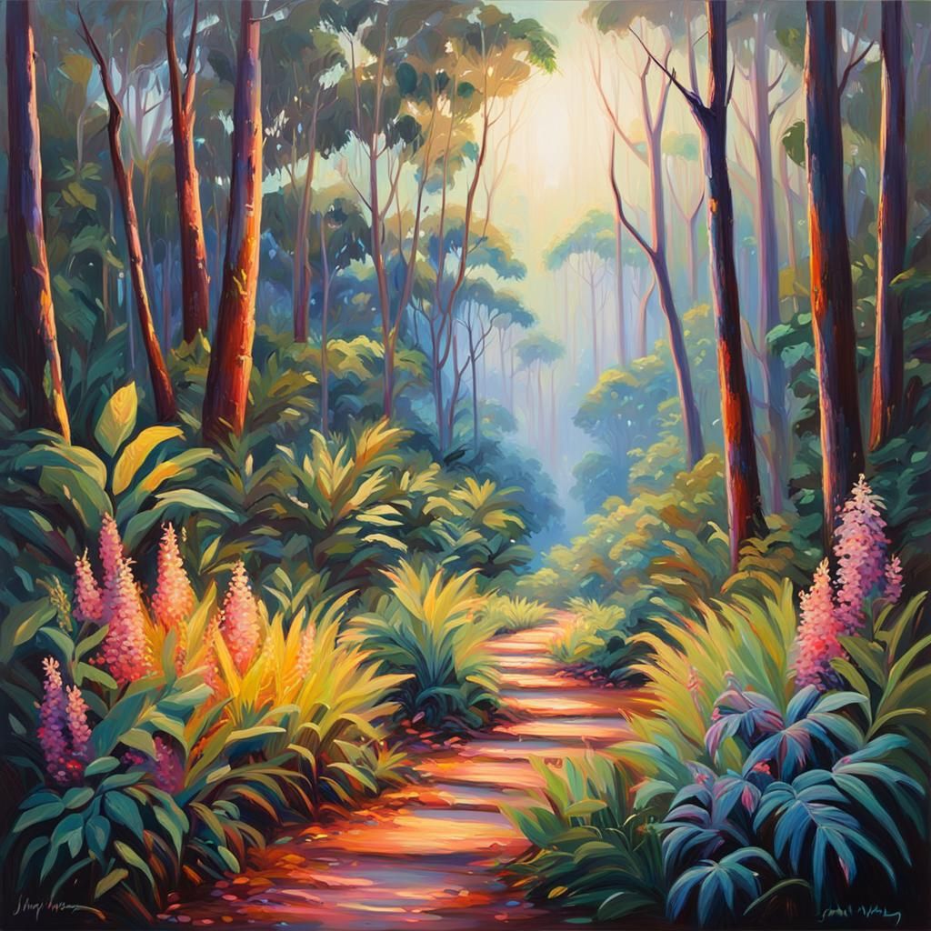 Neon Sign in Australian Bushland: Impressionist Oil Painting