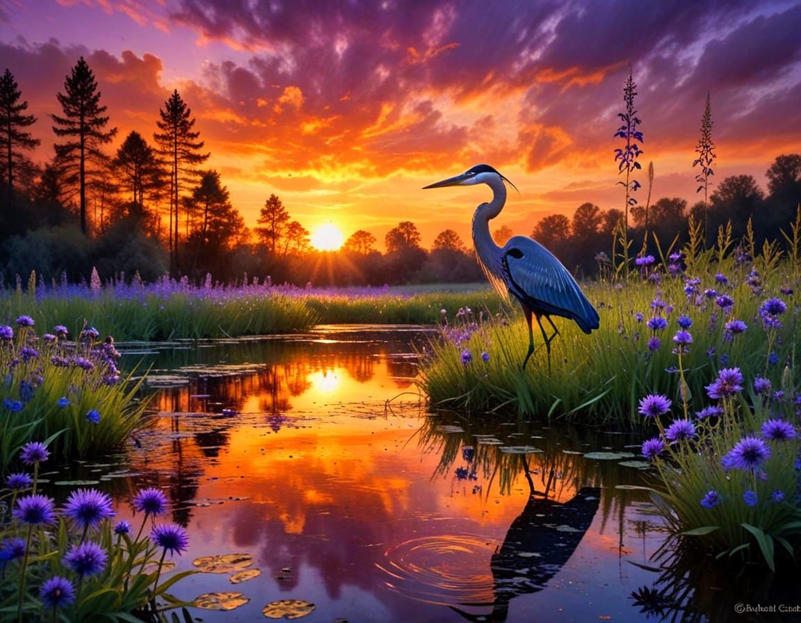 Whimsical Watercolor Sunset with Purple Cornflowers and Silh...