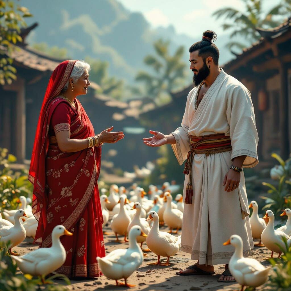 Vibrant Grandmother and Farmer with Ducks in 3D