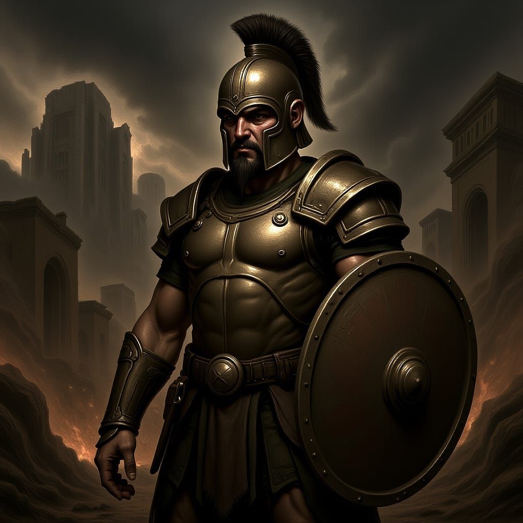 Trojan Warrior in Ruined City: Gritty Fantasy Art