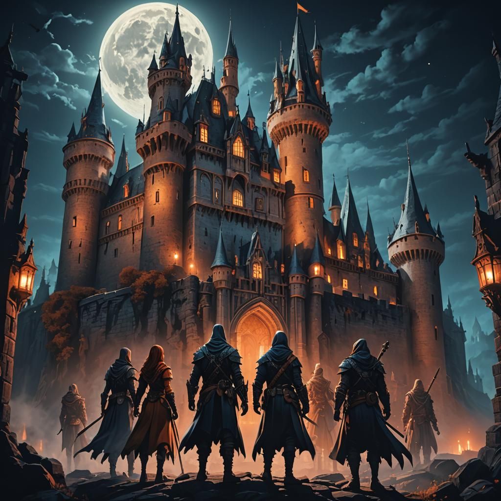 Adventurers Stand Before Spooky Castle: Fantasy Concept Art