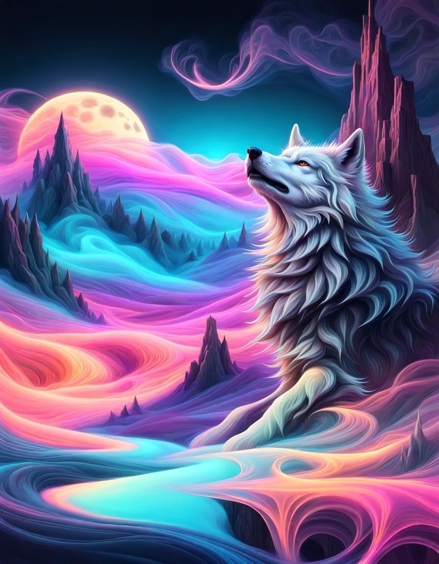 Ethereal Phantom Wolf Howling at Moon in Fractal Smoke