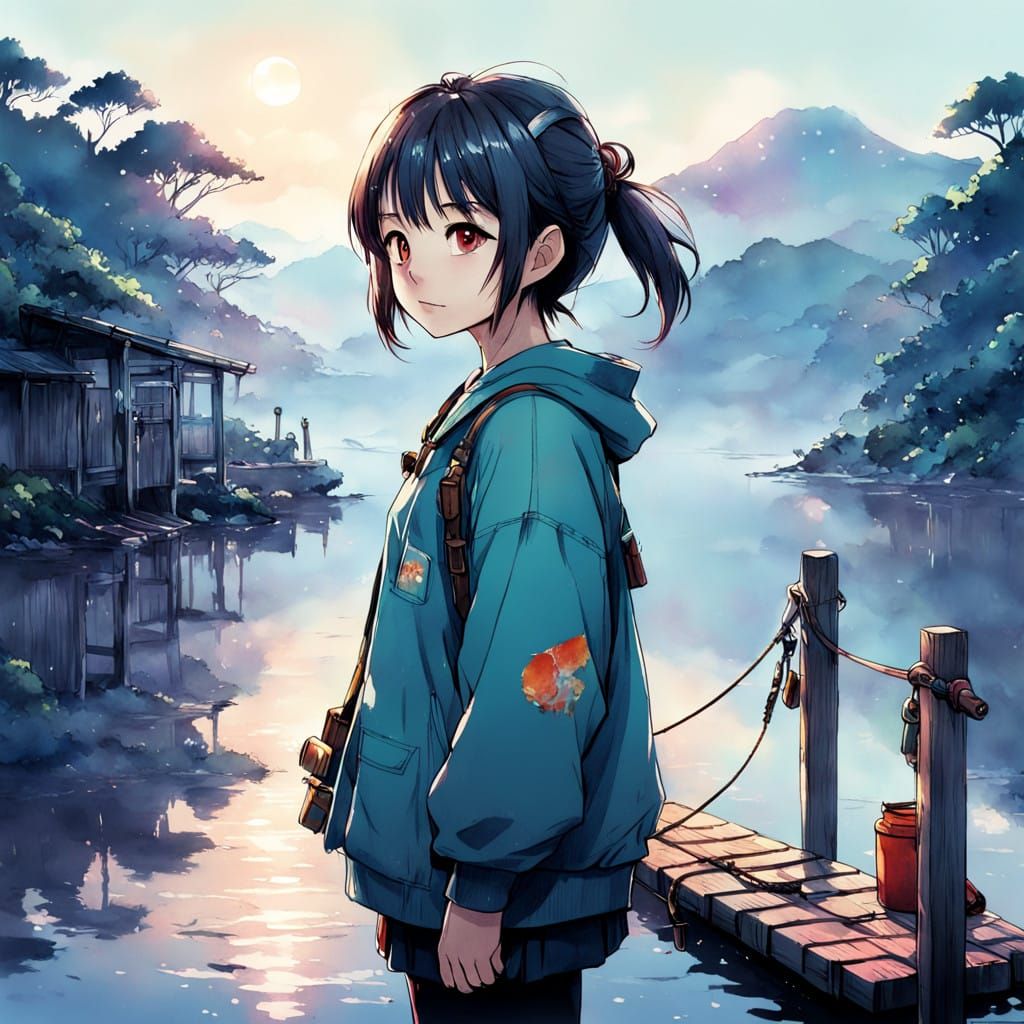 Misty Anime Fishing Dock at Dawn