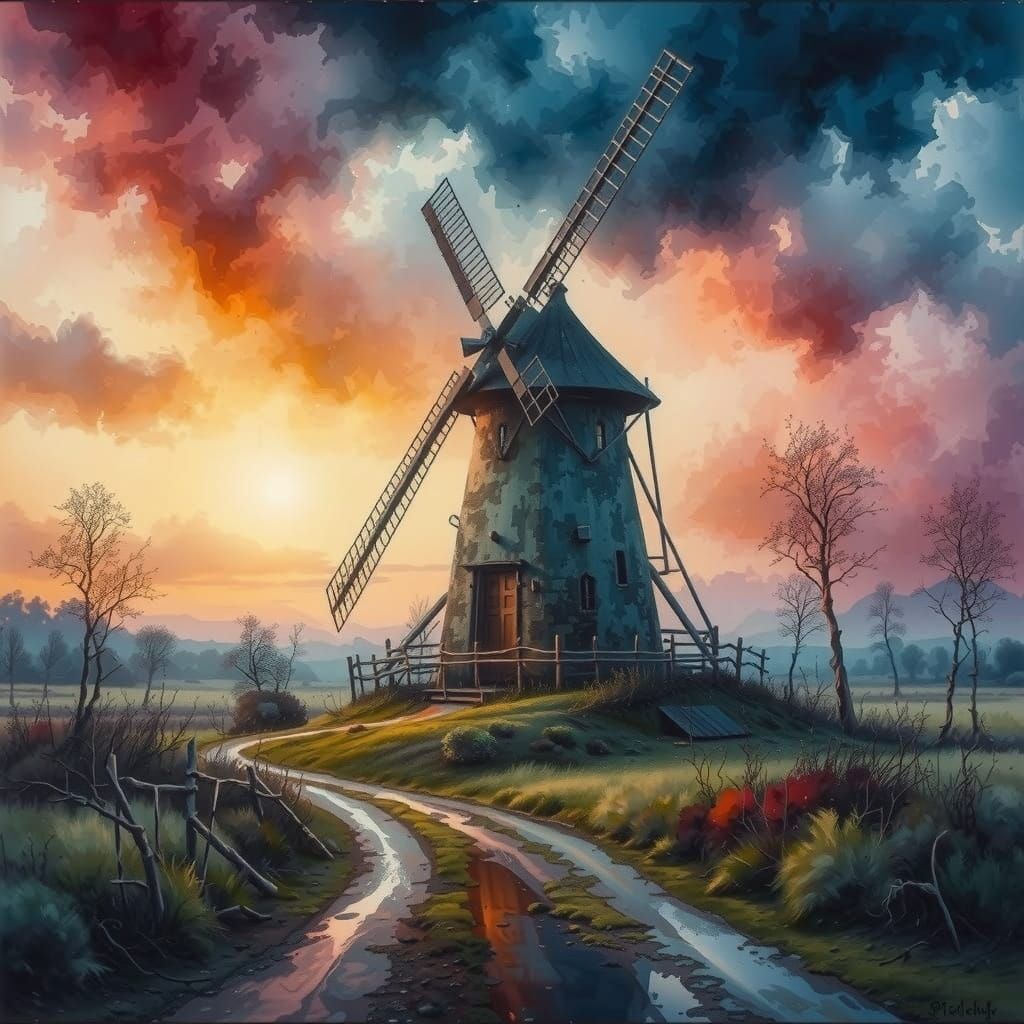 Vibrant Rustic Windmill in a Nighttime Spectacle of Color