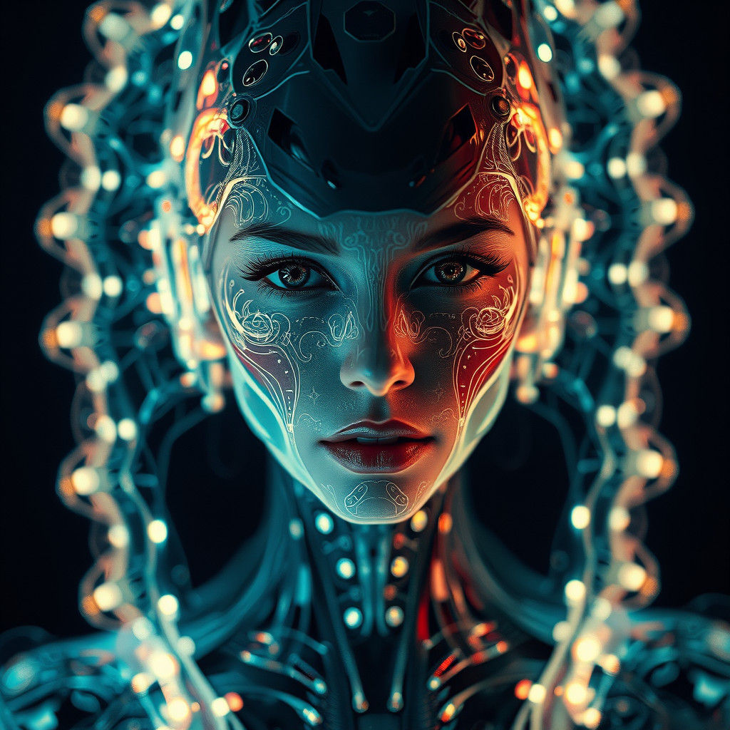 Surreal Android Jones-Inspired Portrait of a Fractal Biosuit...