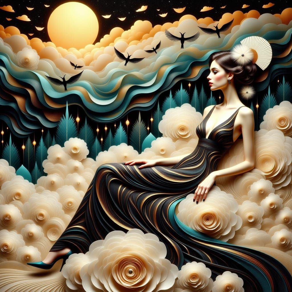 Ethereal Art Deco Goddess Amidst Celestial Skies