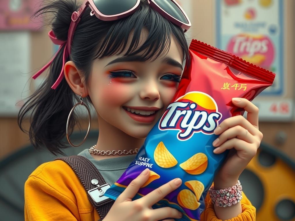Girl with Crisp Packet: Futuristic Realism and Vibrant Color...