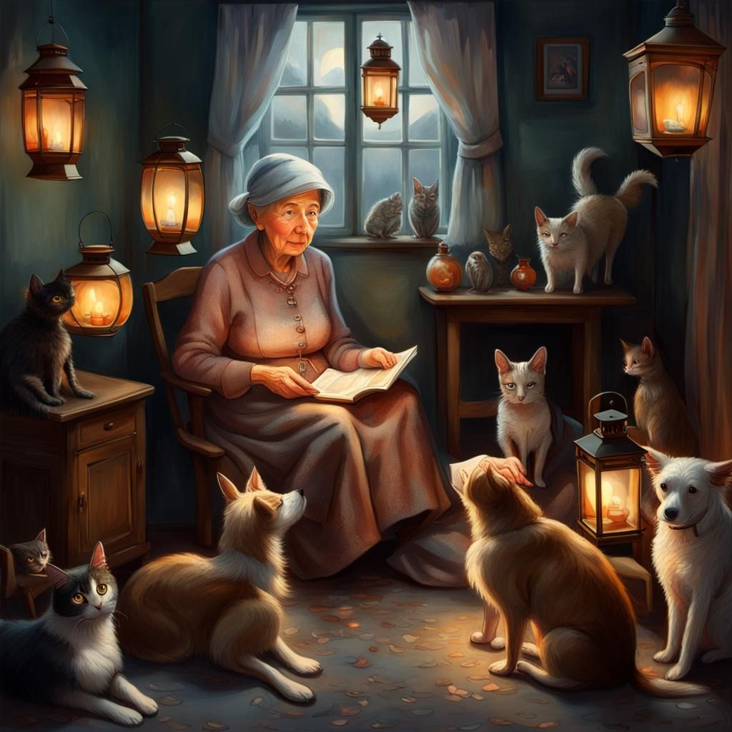 Magical Companions: An Old Woman and Her Pets