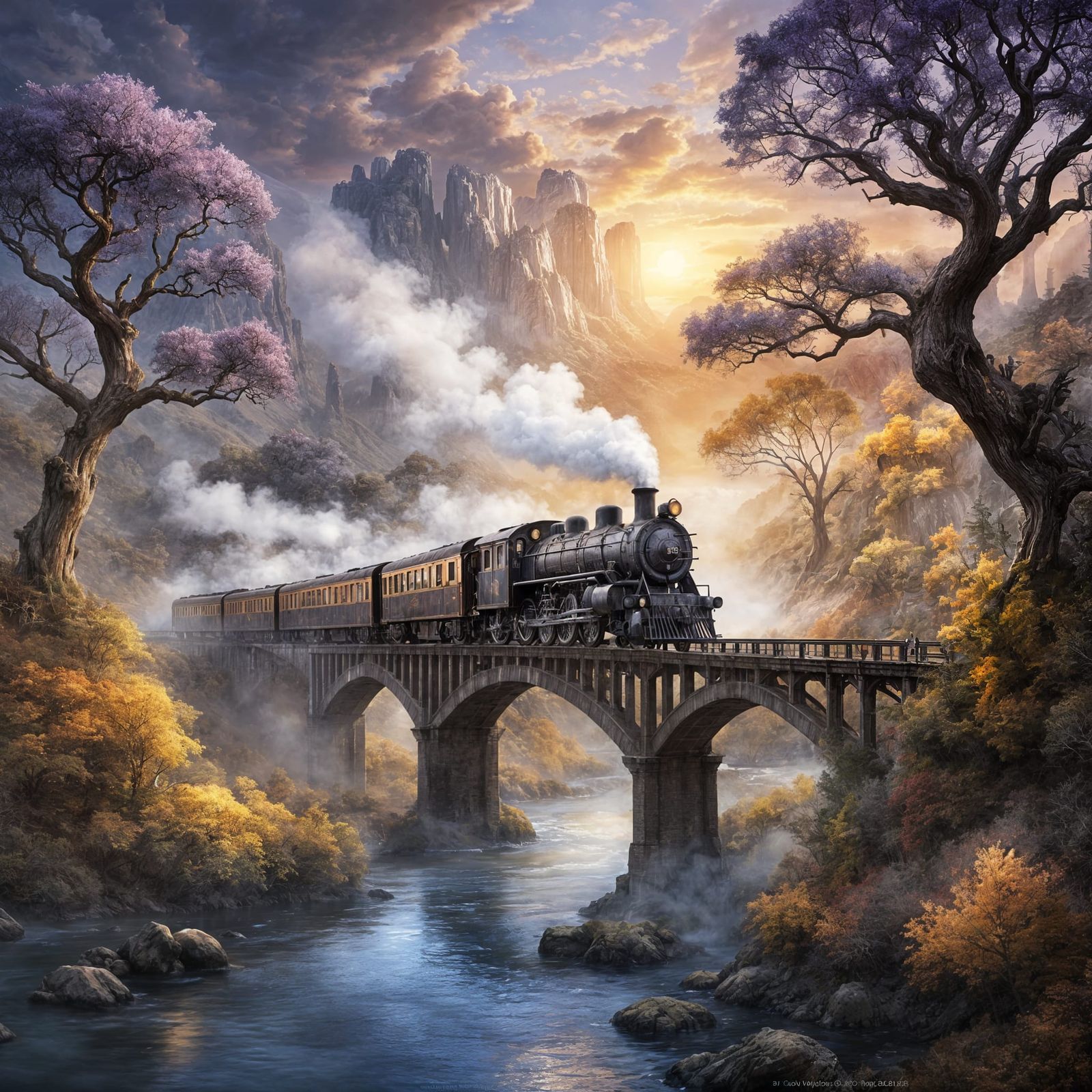 Fantasy Landscape Painting: Steam Train and Waterfall